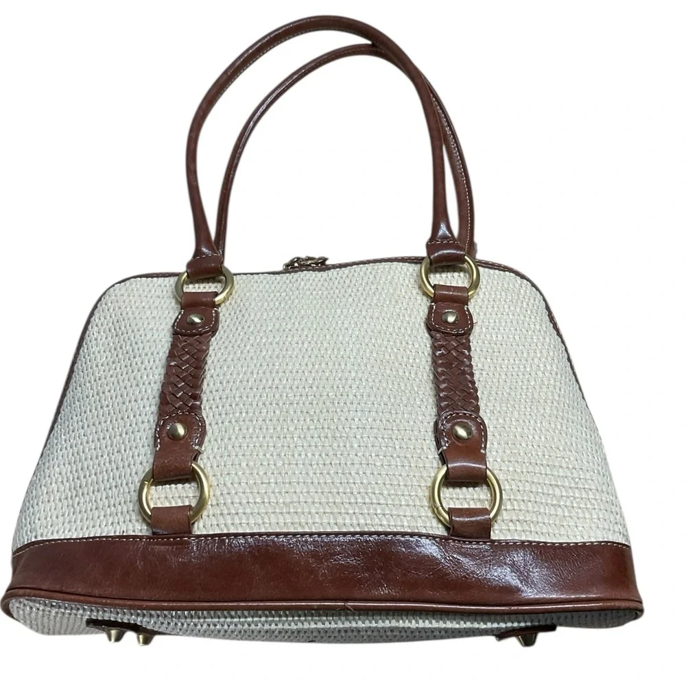 Giani Bernini Off-White Straw Top Handle Brown Leather Accent Satchel Purse Bag